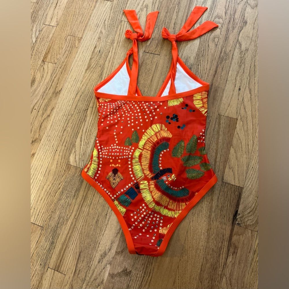 Ethnic print vibrant multi color shoulder ties one piece swimsuit - Picture 2 of 4